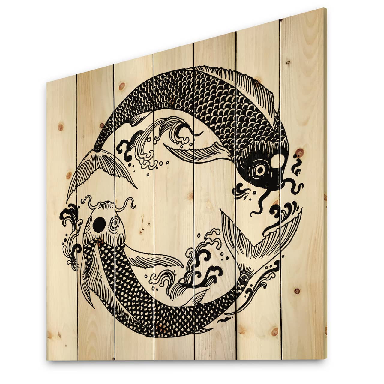 Designart - Chinese Koi Fish In Chinoiserie Style III - Nautical & Coastal Print on Natural Pine Wood
